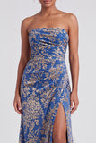 Strapless Mermaid Blue Floral Velvet Ruched Long Holiday Party Dress with Slit