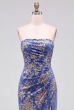 Strapless Mermaid Blue Floral Velvet Ruched Long Holiday Party Dress with Slit
