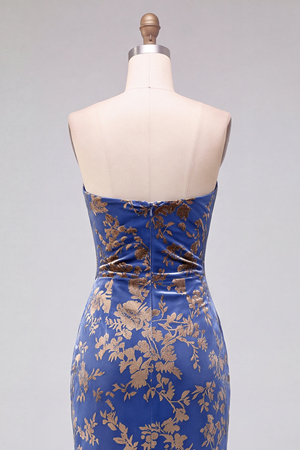 Strapless Mermaid Blue Floral Velvet Ruched Long Holiday Party Dress with Slit