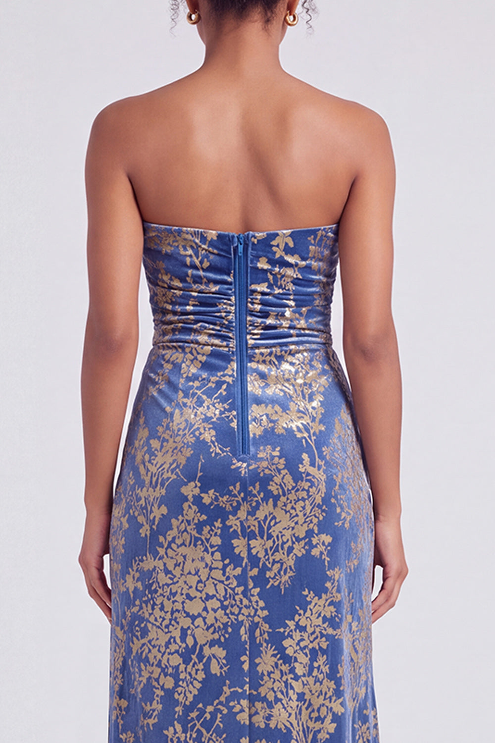 Strapless Mermaid Blue Floral Velvet Ruched Long Holiday Party Dress with Slit