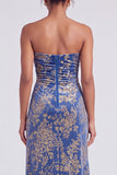 Strapless Mermaid Blue Floral Velvet Ruched Long Holiday Party Dress with Slit