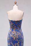 Strapless Mermaid Blue Floral Velvet Ruched Long Holiday Party Dress with Slit