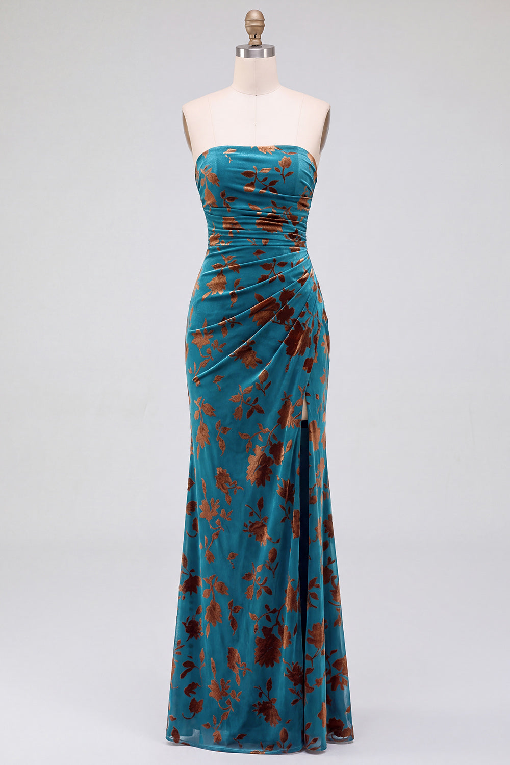 Strapless Mermaid Blue Floral Velvet Ruched Long Holiday Party Dress with Slit