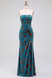 Strapless Mermaid Blue Floral Velvet Ruched Long Holiday Party Dress with Slit