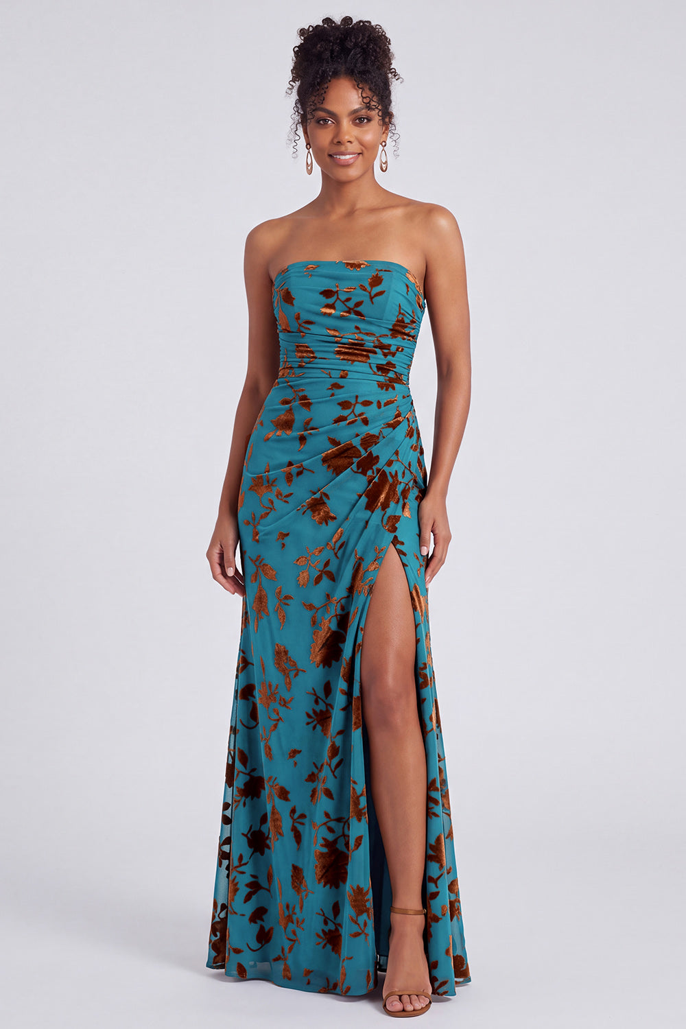 Strapless Mermaid Blue Floral Velvet Ruched Long Holiday Party Dress with Slit
