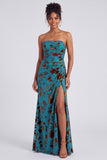 Strapless Mermaid Blue Floral Velvet Ruched Long Holiday Party Dress with Slit