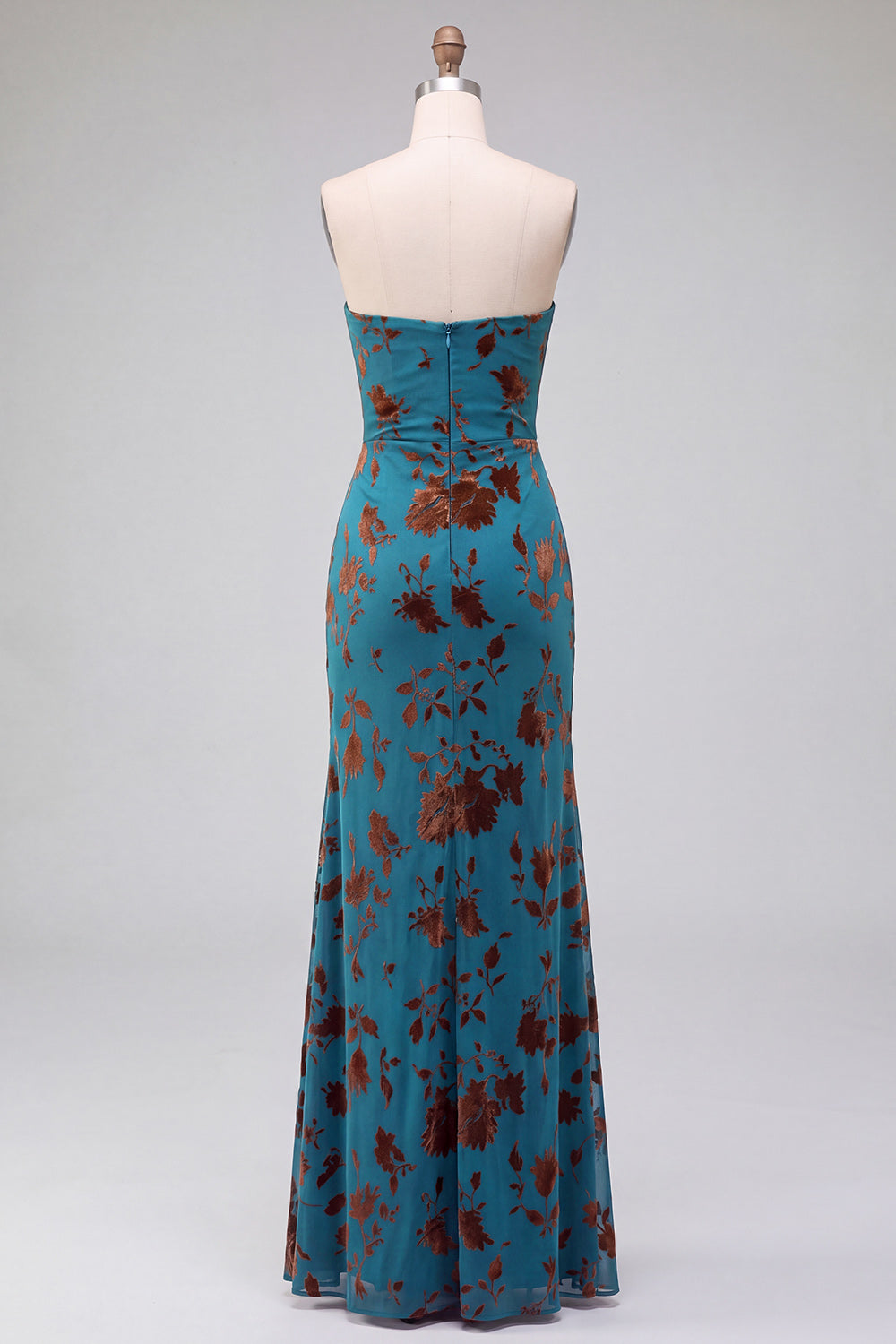 Strapless Mermaid Blue Floral Velvet Ruched Long Holiday Party Dress with Slit