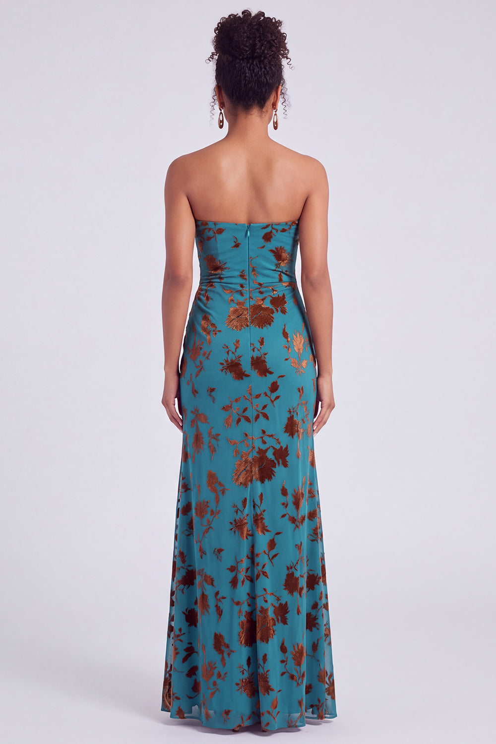 Strapless Mermaid Blue Floral Velvet Ruched Long Holiday Party Dress with Slit
