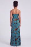 Strapless Mermaid Blue Floral Velvet Ruched Long Holiday Party Dress with Slit