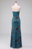 Strapless Mermaid Blue Floral Velvet Ruched Long Holiday Party Dress with Slit