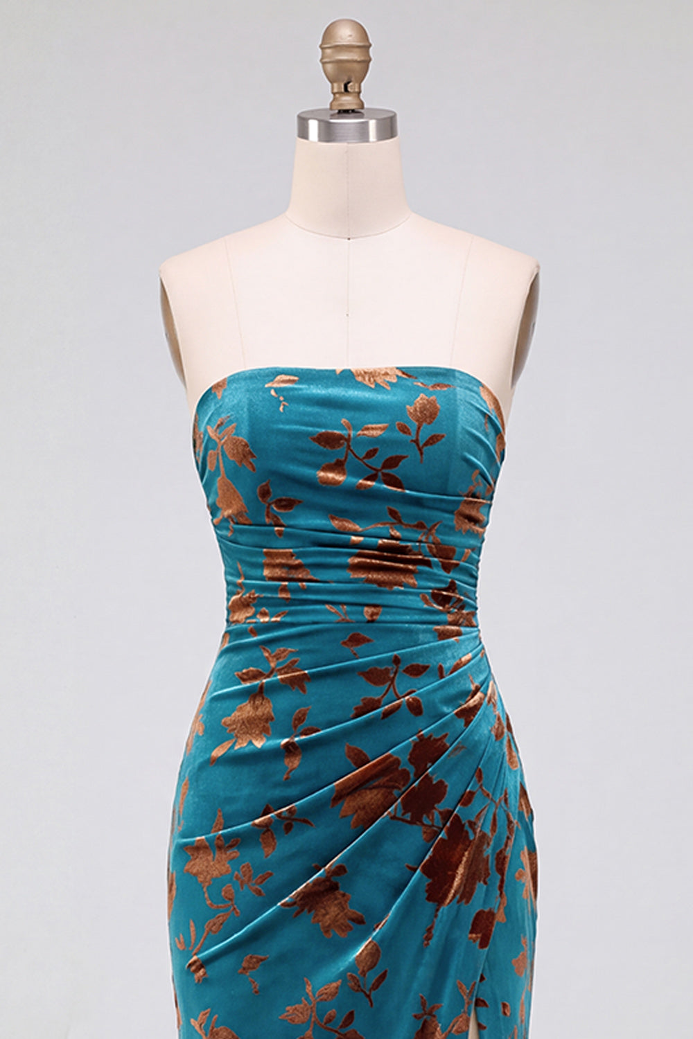 Strapless Mermaid Blue Floral Velvet Ruched Long Holiday Party Dress with Slit