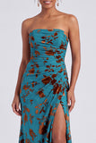 Strapless Mermaid Blue Floral Velvet Ruched Long Holiday Party Dress with Slit