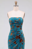 Strapless Mermaid Blue Floral Velvet Ruched Long Holiday Party Dress with Slit