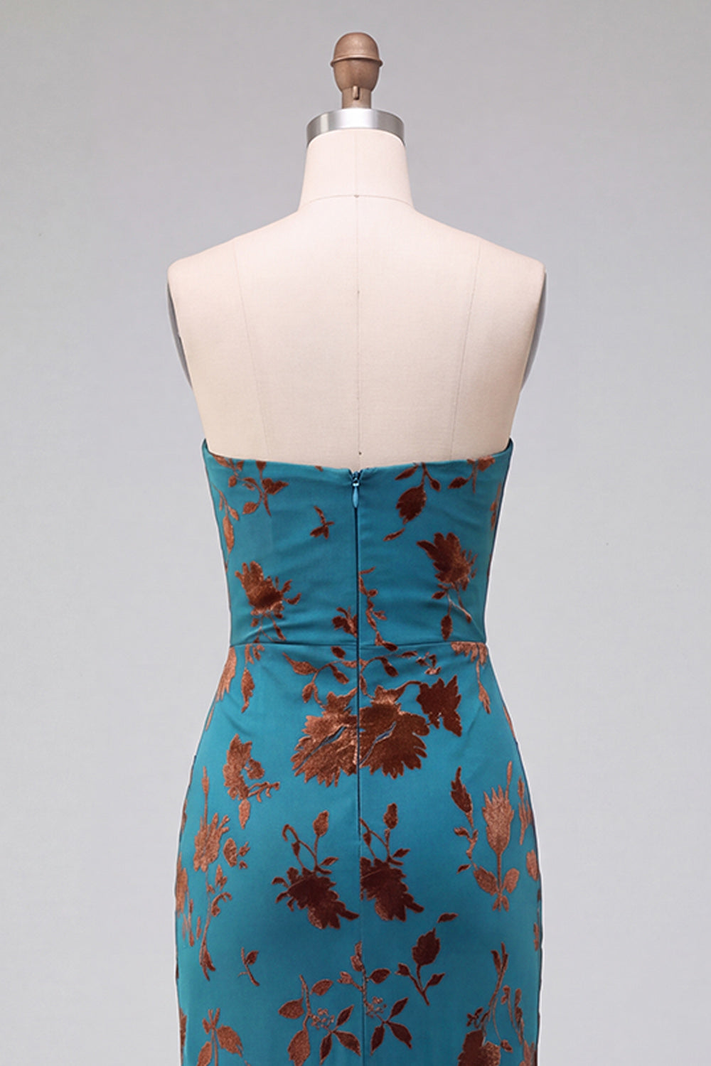 Strapless Mermaid Blue Floral Velvet Ruched Long Holiday Party Dress with Slit