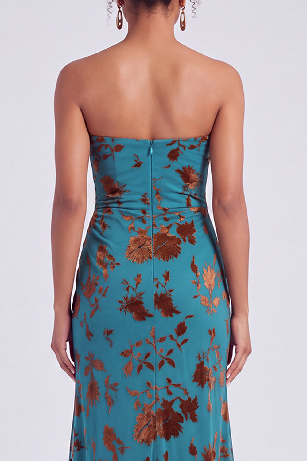 Strapless Mermaid Blue Floral Velvet Ruched Long Holiday Party Dress with Slit