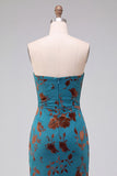 Strapless Mermaid Blue Floral Velvet Ruched Long Holiday Party Dress with Slit