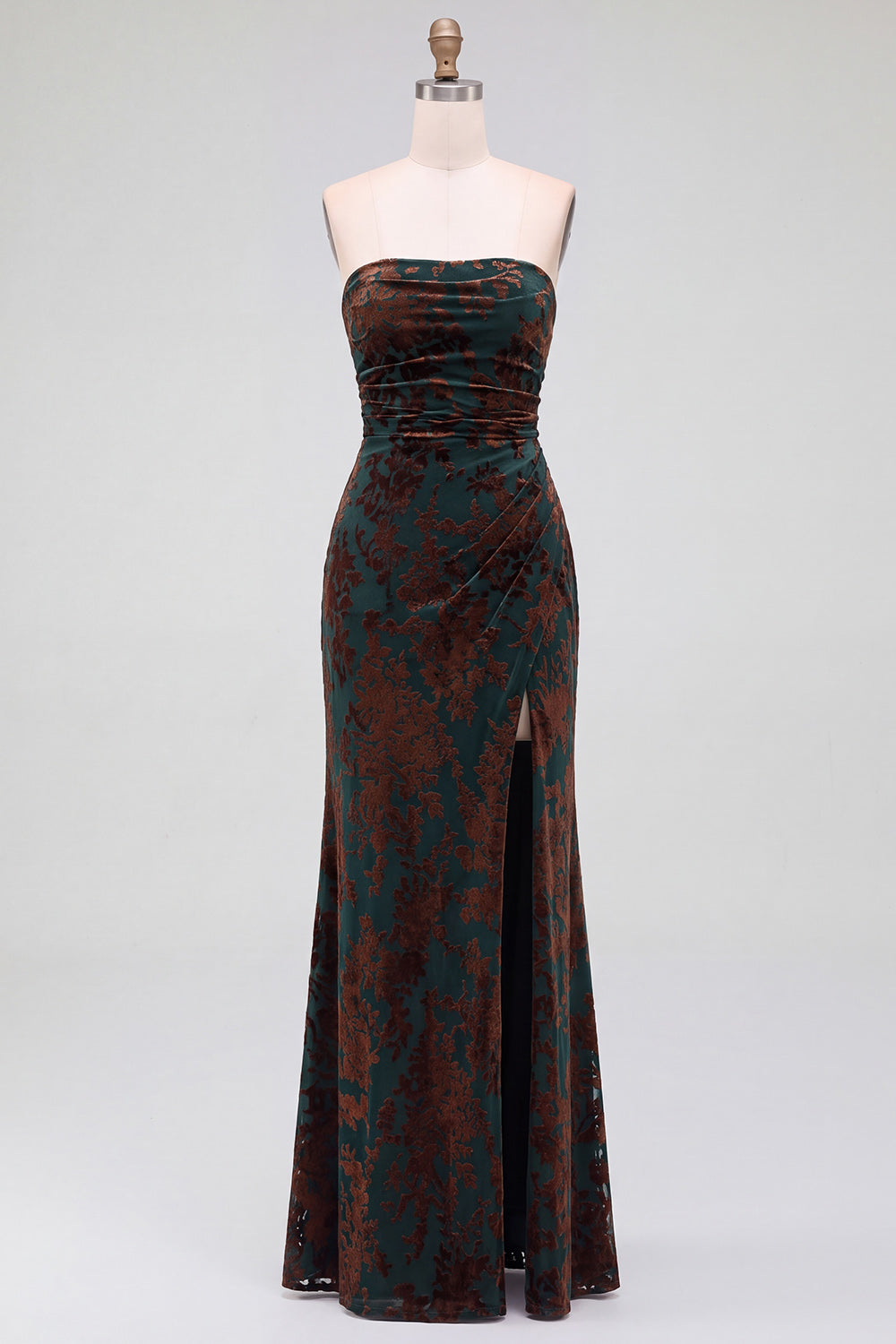 Strapless Mermaid Blue Floral Velvet Ruched Long Holiday Party Dress with Slit