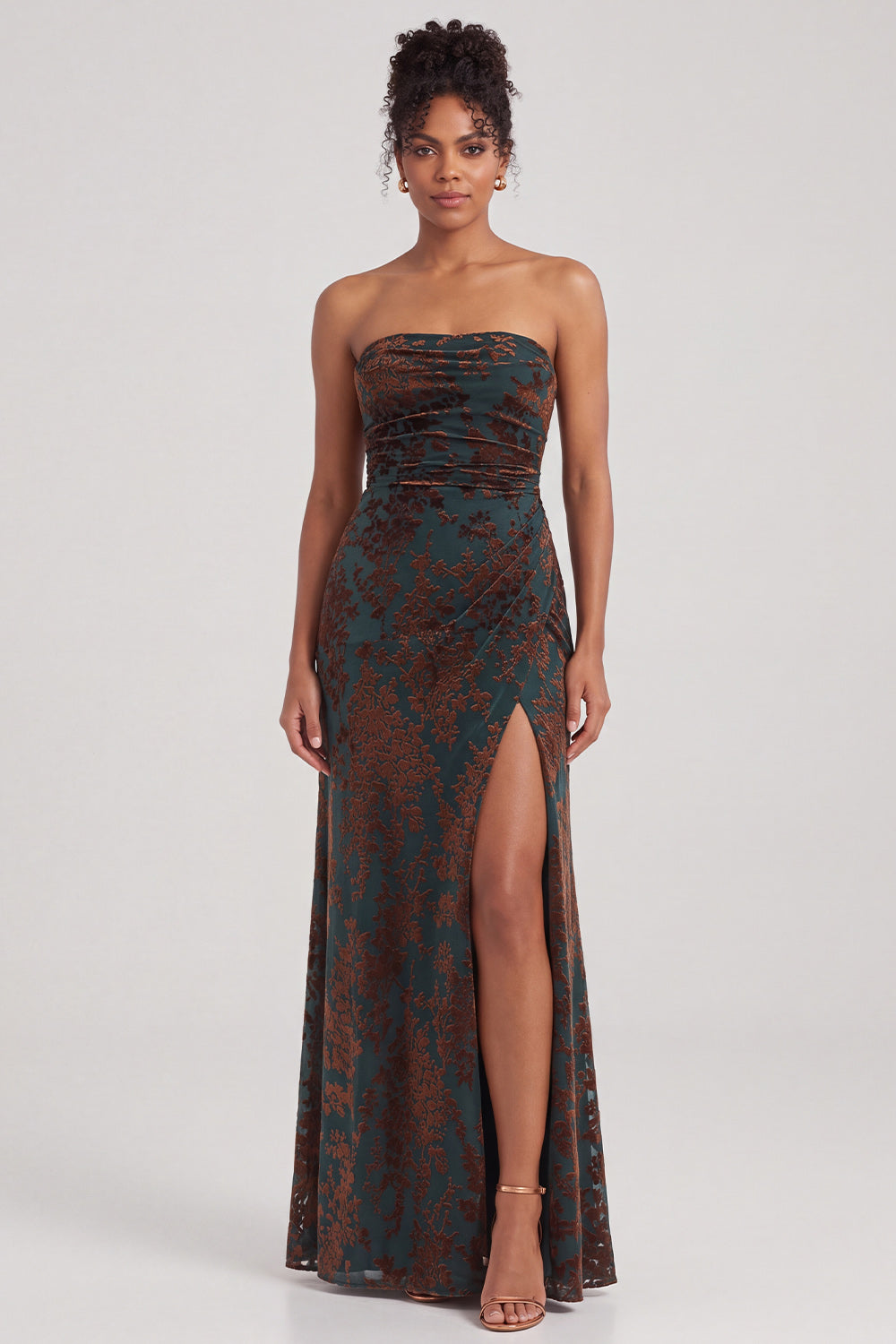 Strapless Mermaid Blue Floral Velvet Ruched Long Holiday Party Dress with Slit
