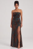 Strapless Mermaid Blue Floral Velvet Ruched Long Holiday Party Dress with Slit