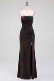 Strapless Mermaid Blue Floral Velvet Ruched Long Holiday Party Dress with Slit
