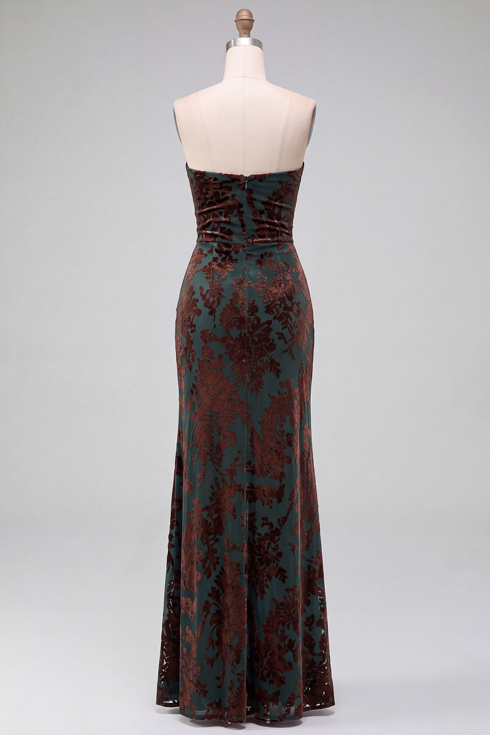 Strapless Mermaid Blue Floral Velvet Ruched Long Holiday Party Dress with Slit