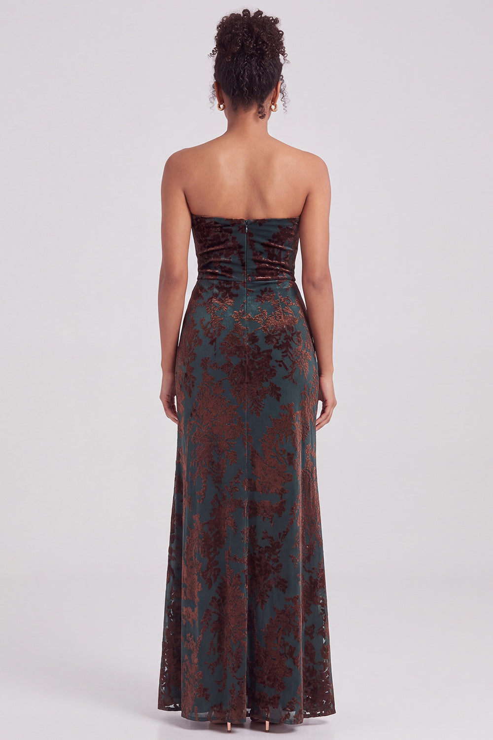 Strapless Mermaid Blue Floral Velvet Ruched Long Holiday Party Dress with Slit