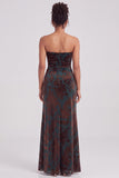 Strapless Mermaid Blue Floral Velvet Ruched Long Holiday Party Dress with Slit
