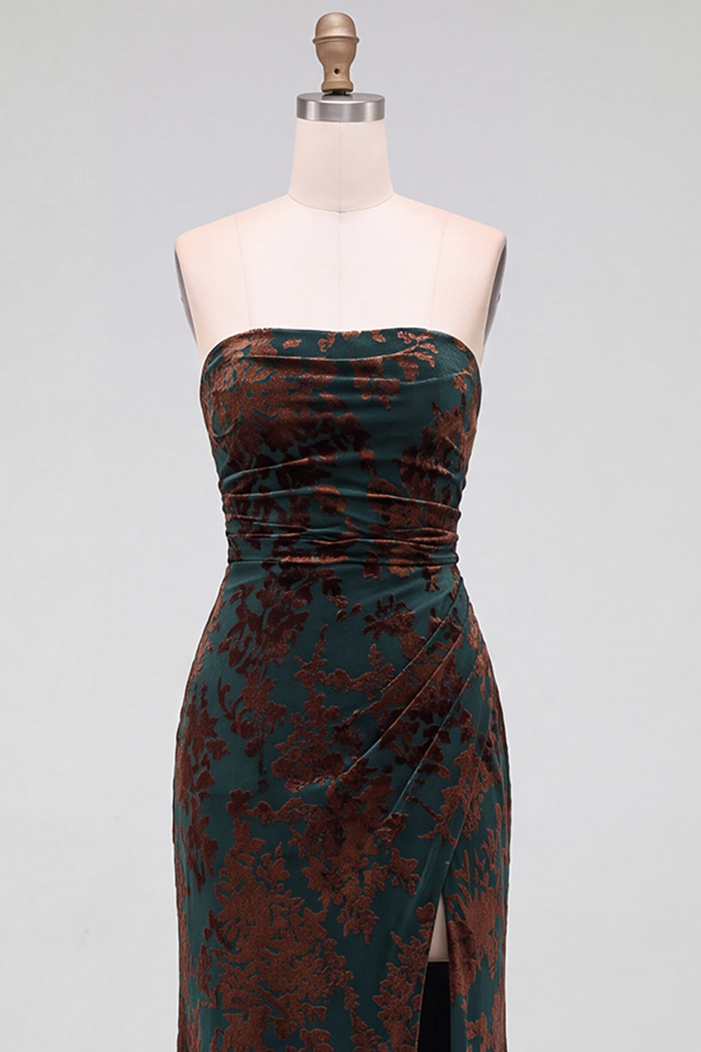 Strapless Mermaid Blue Floral Velvet Ruched Long Holiday Party Dress with Slit