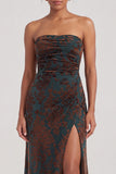 Strapless Mermaid Blue Floral Velvet Ruched Long Holiday Party Dress with Slit