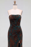 Strapless Mermaid Blue Floral Velvet Ruched Long Holiday Party Dress with Slit