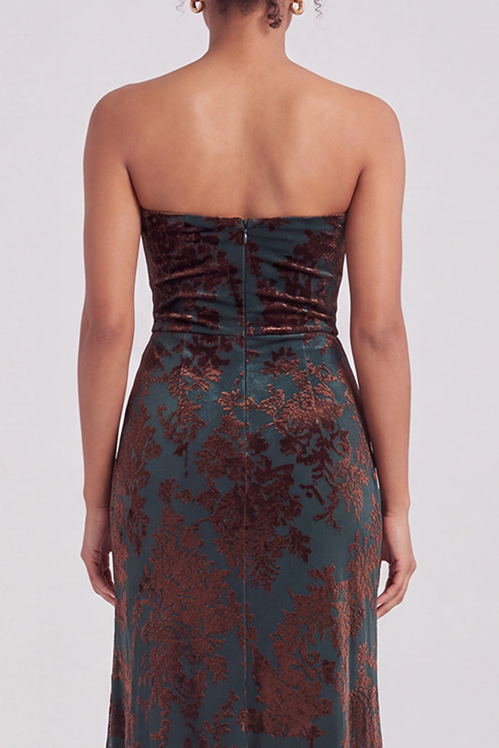 Strapless Mermaid Blue Floral Velvet Ruched Long Holiday Party Dress with Slit