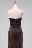 Strapless Mermaid Blue Floral Velvet Ruched Long Holiday Party Dress with Slit