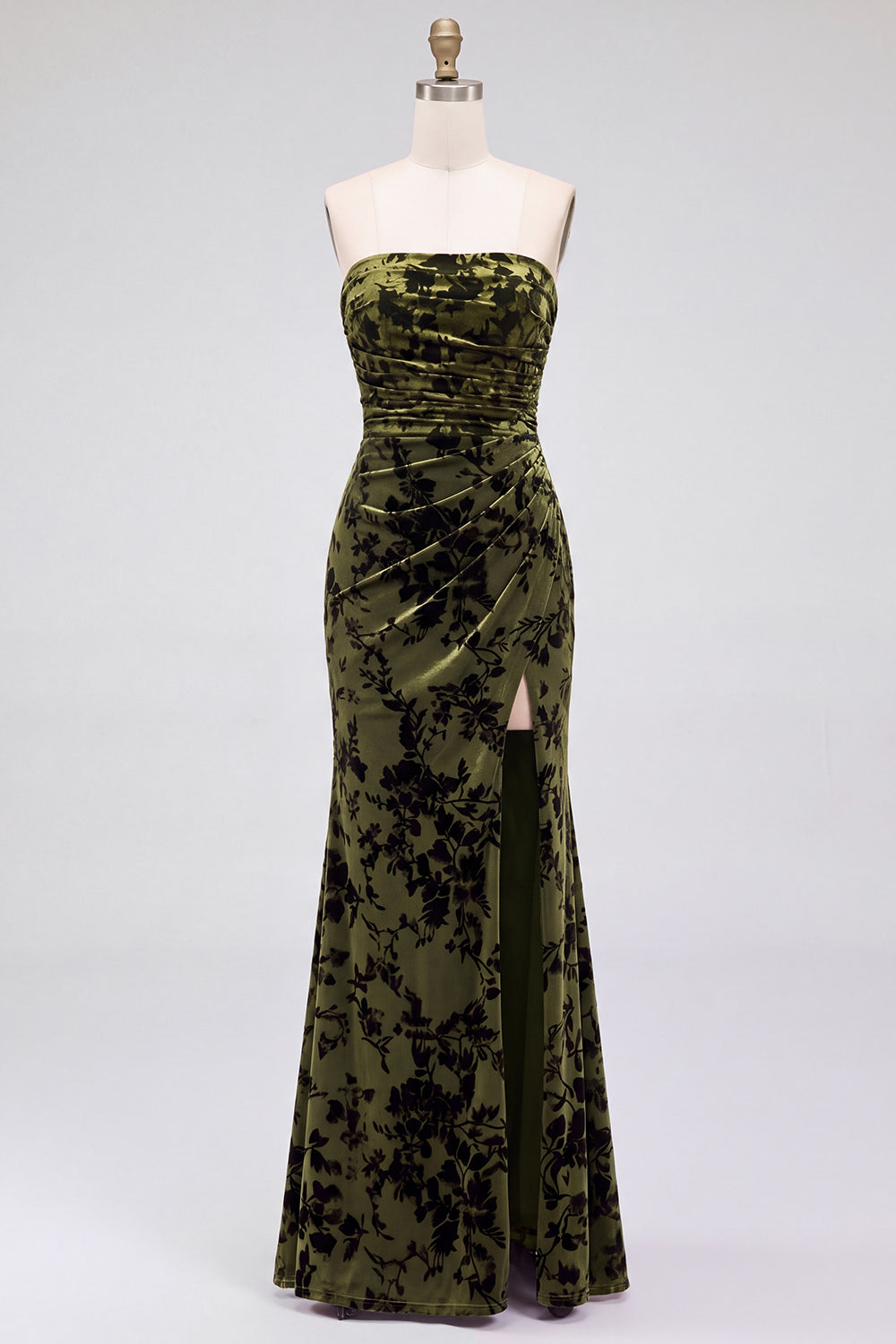 Strapless Mermaid Blue Floral Velvet Ruched Long Holiday Party Dress with Slit