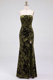 Strapless Mermaid Blue Floral Velvet Ruched Long Holiday Party Dress with Slit