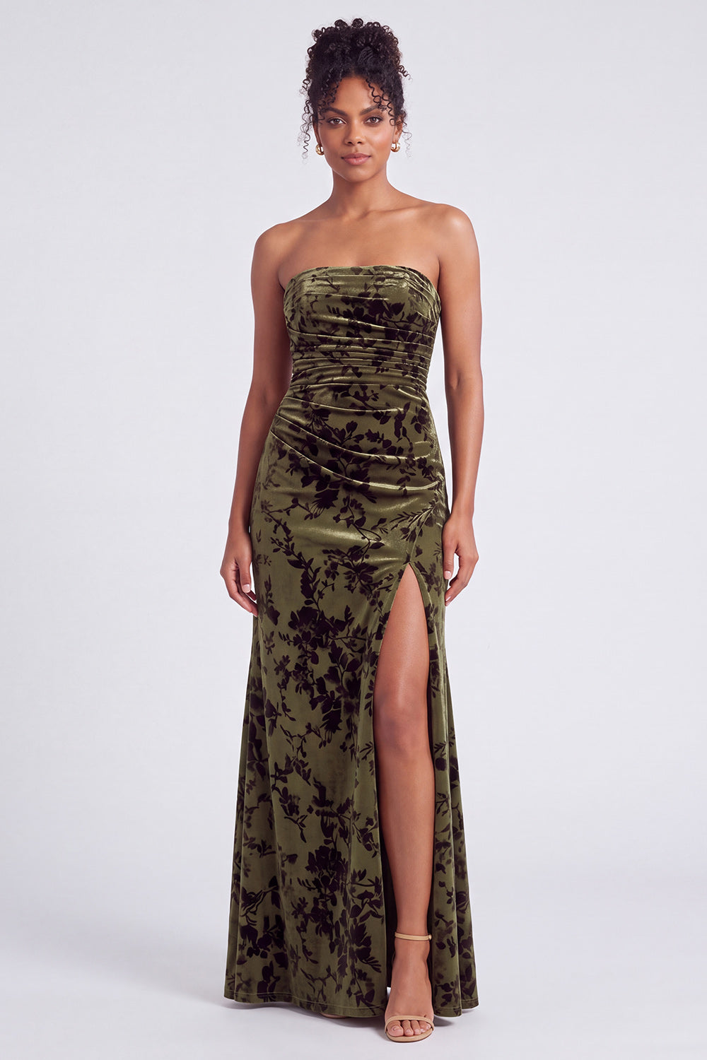 Strapless Mermaid Blue Floral Velvet Ruched Long Holiday Party Dress with Slit