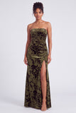Strapless Mermaid Blue Floral Velvet Ruched Long Holiday Party Dress with Slit