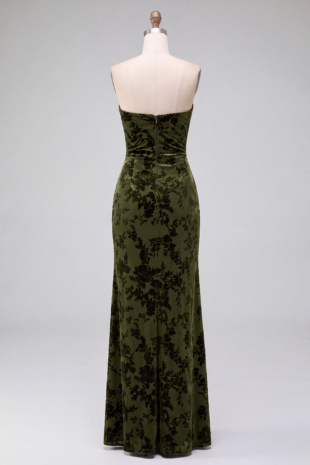 Strapless Mermaid Blue Floral Velvet Ruched Long Holiday Party Dress with Slit