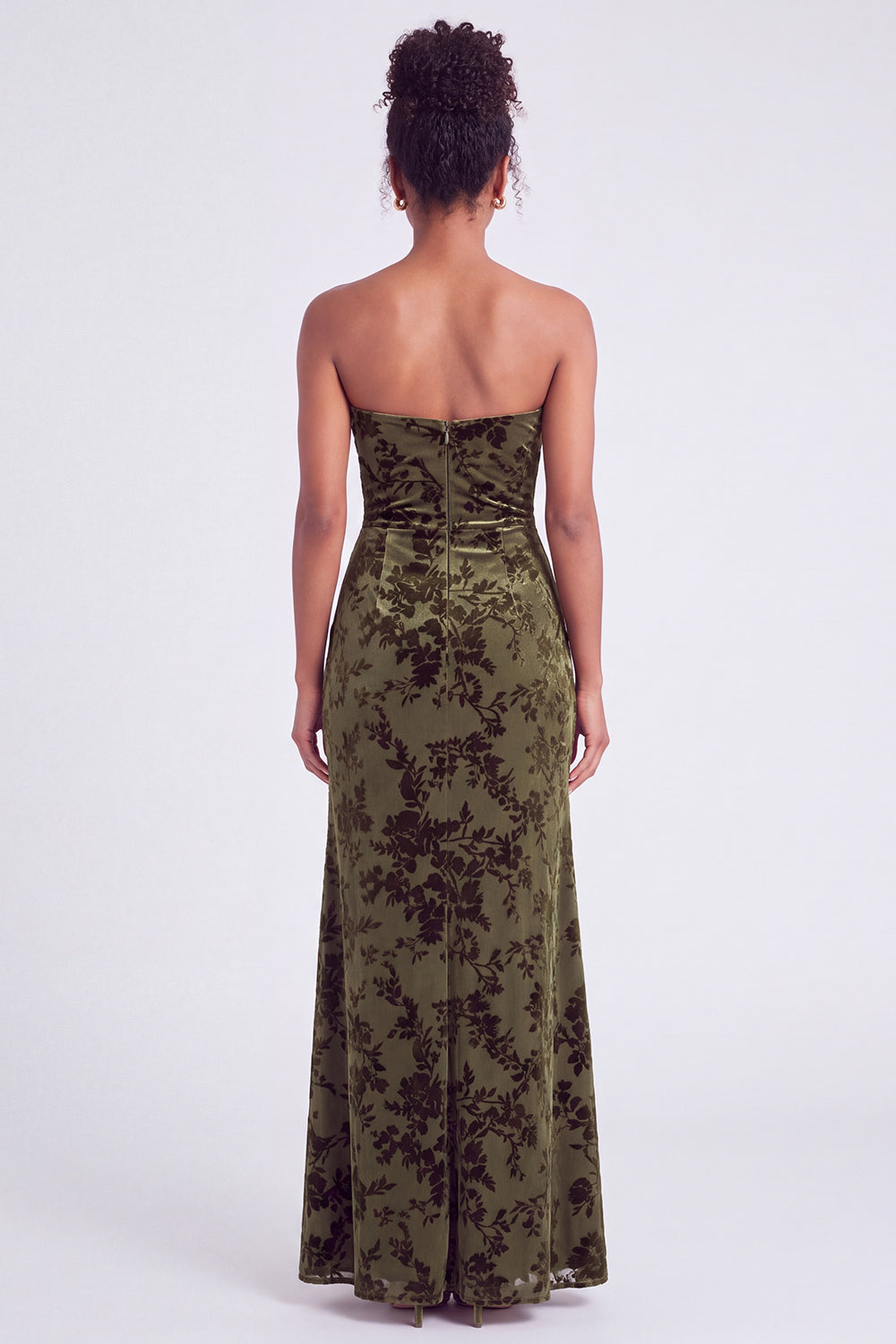 Strapless Mermaid Blue Floral Velvet Ruched Long Holiday Party Dress with Slit