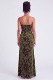 Strapless Mermaid Blue Floral Velvet Ruched Long Holiday Party Dress with Slit