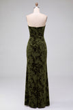 Strapless Mermaid Blue Floral Velvet Ruched Long Holiday Party Dress with Slit
