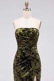 Strapless Mermaid Blue Floral Velvet Ruched Long Holiday Party Dress with Slit