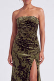 Strapless Mermaid Blue Floral Velvet Ruched Long Holiday Party Dress with Slit