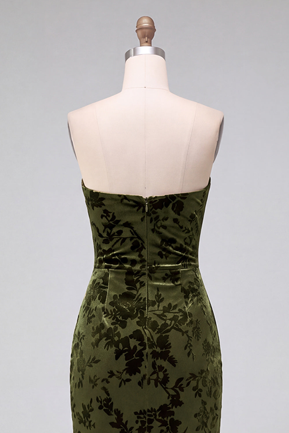 Strapless Mermaid Blue Floral Velvet Ruched Long Holiday Party Dress with Slit