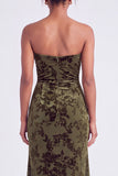 Strapless Mermaid Blue Floral Velvet Ruched Long Holiday Party Dress with Slit
