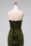 Strapless Mermaid Blue Floral Velvet Ruched Long Holiday Party Dress with Slit
