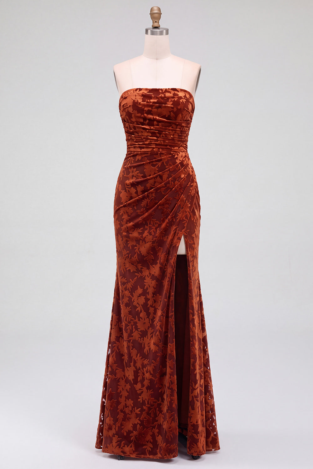 Strapless Mermaid Blue Floral Velvet Ruched Long Holiday Party Dress with Slit
