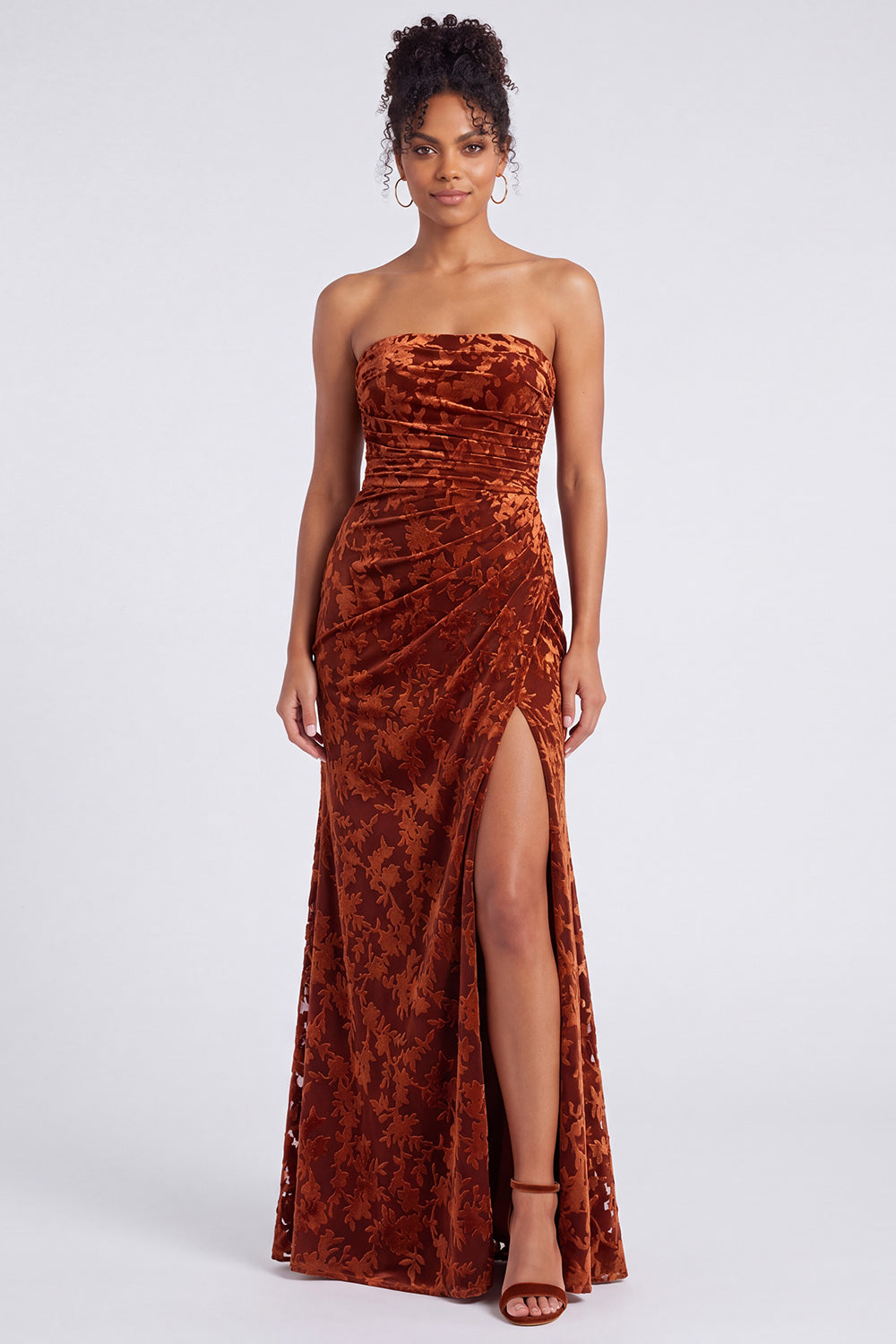 Strapless Mermaid Blue Floral Velvet Ruched Long Holiday Party Dress with Slit