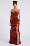 Strapless Mermaid Blue Floral Velvet Ruched Long Holiday Party Dress with Slit