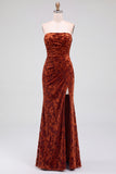 Strapless Mermaid Blue Floral Velvet Ruched Long Holiday Party Dress with Slit