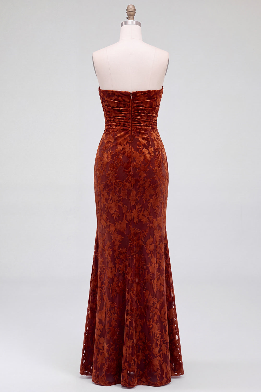 Strapless Mermaid Blue Floral Velvet Ruched Long Holiday Party Dress with Slit